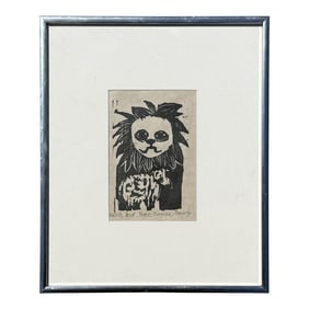 Vintage Boho Abstract Block Print on Paper Signed by Artist
