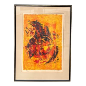 Mid 20th Century Equestrian Horse Abstract Original Print Signed by Lebadang, Framed