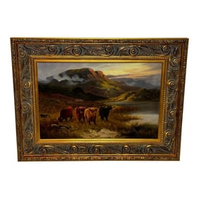 British 19th Century Oil Painting Longhorn Cattle West Scottish Highlands by Gustave De Brianski, Fr
