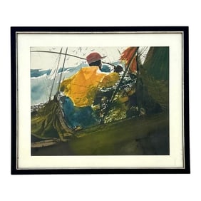 Vintage Abstract Man Fishing Original Watercolor on Paper