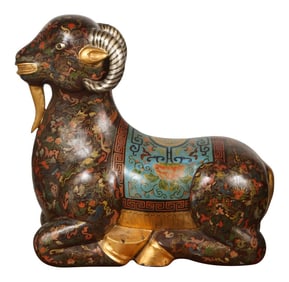 Asian Wood Hand-Painted Figure of a Recumbent Ram