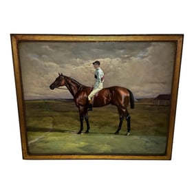 19th Century Oil Painting Melton Bay Hunter Race Horse With Jockey Fred Archer Up