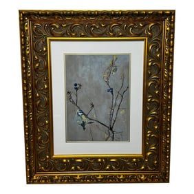 Victorian Watercolour Painting Apple Blossom Eurasian Blue Tit Bird Ornithology by Arthur Wardle