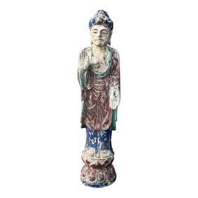 Antique Chinese Polychrome Decorated & Carved Wood Buddha