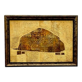 Vintage Boho Textured Armadillo Mixed Media Painting in Frame