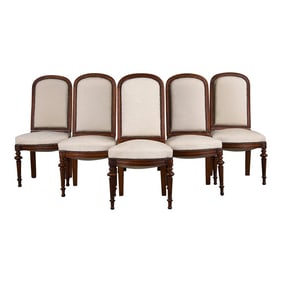 Antique French Napoleon III Style Walnut Dining Chairs W/ Cream Chenille - Set of 6