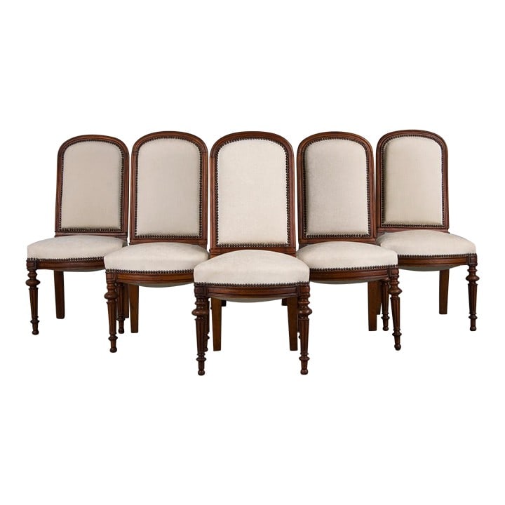 Antique French Napoleon III Style Walnut Dining Chairs W/ Cream Chenille - Set of 6