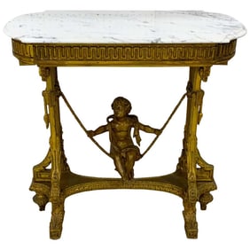 19th Century French Giltwood Swinging Putto Marble Top Table/ Ferner
