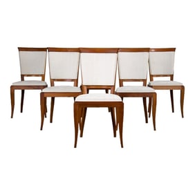 1930s French Art Deco Maple Dining Chairs W/ Off-White Chenille - Set of 6