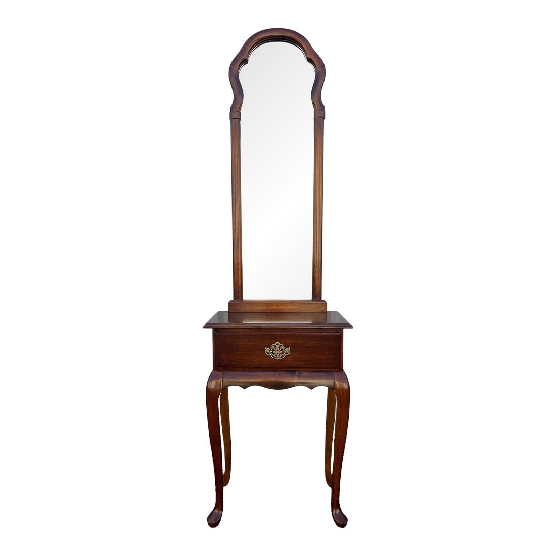 Single Drawer Cherry Entryway Console Table With Mirror: Solid cherry construction with high quality craftsmanship is evident in this entryway table and mirror set. A single drawer side table with attached tall mirror in a frame with beautiful bright grain