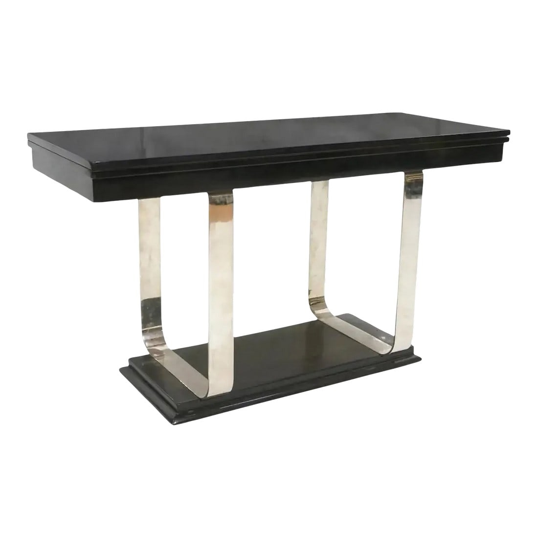 Mid 20th Century Art Deco Lacquer and Chrome Console or Dining Table: Art Deco lacquer and chrome console or dining table, exquisite versatile table perfect for small spaces, dual function serves as a streamlined console table, with a flip-top revealing a 64" x 44" doub