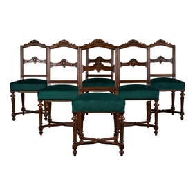 Antique French Napoleon III Style Oak Dining Chairs W/ Dark Green Velvet - Set of 6