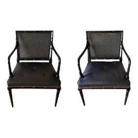 Pair, Regency Style Ebonized Faux Bamboo, Leather & Cane Back Armchairs
