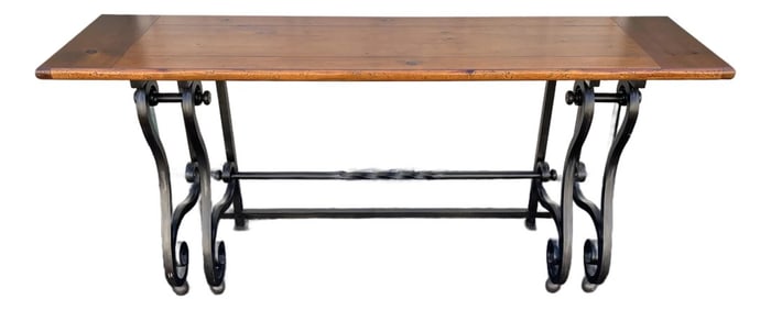 Baker Furniture Wrought Iron and Rustic Pine Sofa Console Table