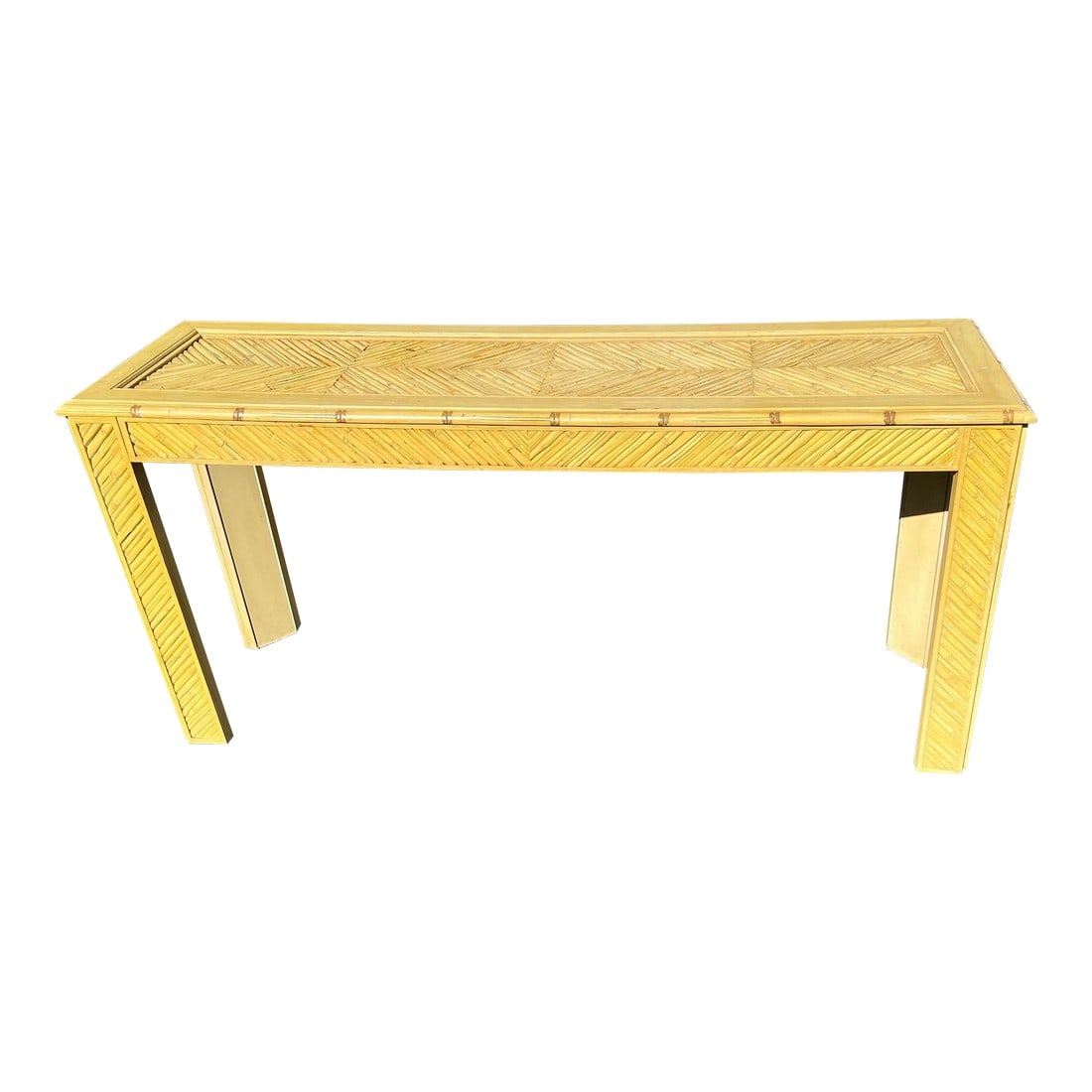 1970s Vintage Hollywood Regency Faux Bamboo Pencil Reed Console Table: Vintage 1970s Coastal, Palm Beach, Boho Chic, or Hollywood Regency enthusiasts will love this Gabriella Crespi-inspired rectangular console table. It is made of faux bamboo pencil reed over a wood fra