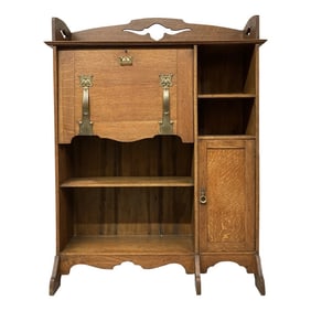 Welsh Oak Arts and Crafts Bureau Bookcase With Brass Strap Detail