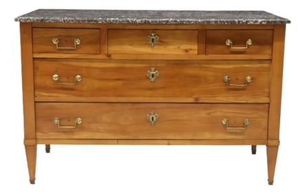 19th Century French Neoclassical Commode - Black & White Marble Top, Fruitwood & Brass Details