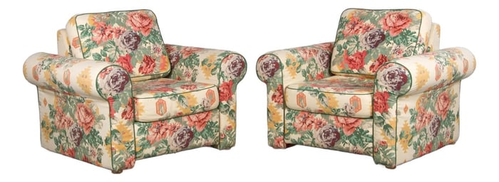 1980s French Club Chairs W/ Floral Fabric - A Pair
