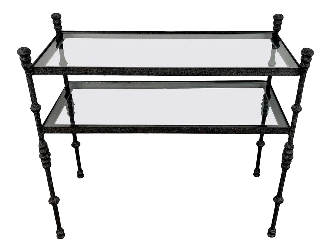 Mid 20th Century Modern Bronzed Iron Two-Tier Console: Modern bronzed iron two-tier console in the style of Giacometti, Well cast with four sculptural legs, and two glass shelves. The upper glass shelf measures 31" x 13.25 D" The lower shelf measures 31"