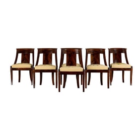 19th Century French Empire Style Mahogany Gondola Dining Chairs W/ Floral Tapestry - Set of 6