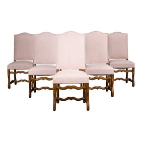 Antique French Louis XIII Style Os De Mouton Oak Dining Chairs W/ Striped Blush Pink Chenille- Set o