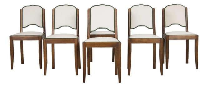 1950s French Art Deco Scalloped Back Maple Dining Chairs in Off-White Velvet - Set of 6