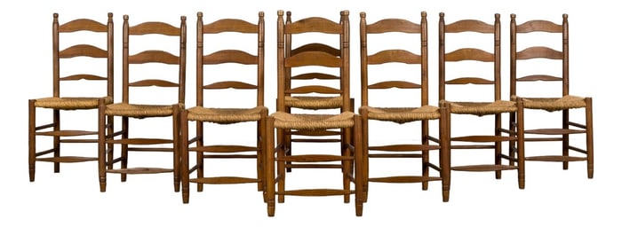Antique Country French Ladder Back Maple Farmhouse Dining Chairs W/ Rush Seats - Set of 8