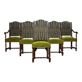 Antique French Louis XIII Style Oak Barley Twist Dining Chairs W/ Green Fabric - Set of 6