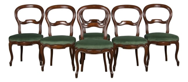 Antique French Louis XV Style Balloon Back Maple Dining Chairs W/ Green Velvet - Set of 6