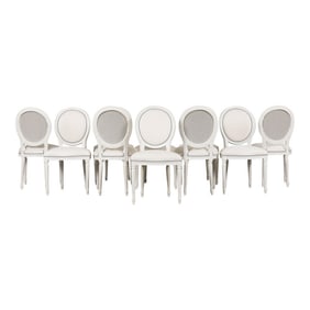 French Louis XVI Style Painted Dining Chairs in Natural Belgian Linen - Set of 10