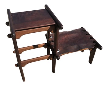 1970s Vintage Angel Pazmino Pegged Wooden Leather Bench and Table