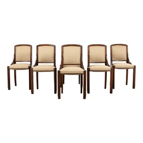 1930s French Art Deco Walnut Dining Chairs in Beige Stripe - Set of 6