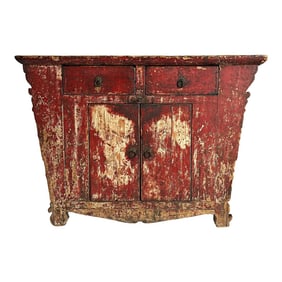 Antique Red Lacquered​​ Chinese Elm Wood Altar Cabinet Sideboard