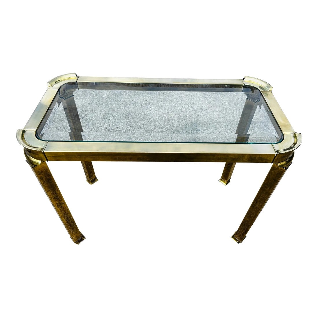 Vintage Solid Brass and Glass Console or Accent Table Attributed to Mastercraft: Elegant Mid-Century Hollywood Regency Brass and Glass Console Table Attributed to Mastercraft Elevate your interior with this exquisite Mid-Century Hollywood Regency Brass and Glass Console Table, bea