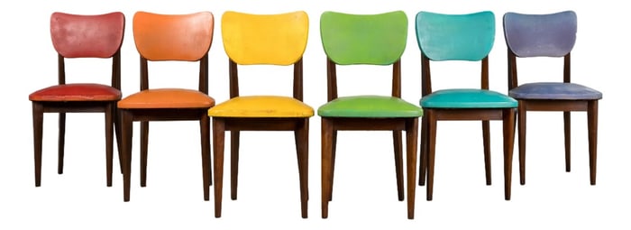 Mid Century Modern French Oak Dining Chairs in Rainbow Vinyl - Set of 6