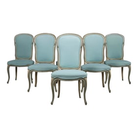 Baker Furniture French Provincial Louis XV Style Painted Dining Chairs W/ Mint Velvet - Set of 6