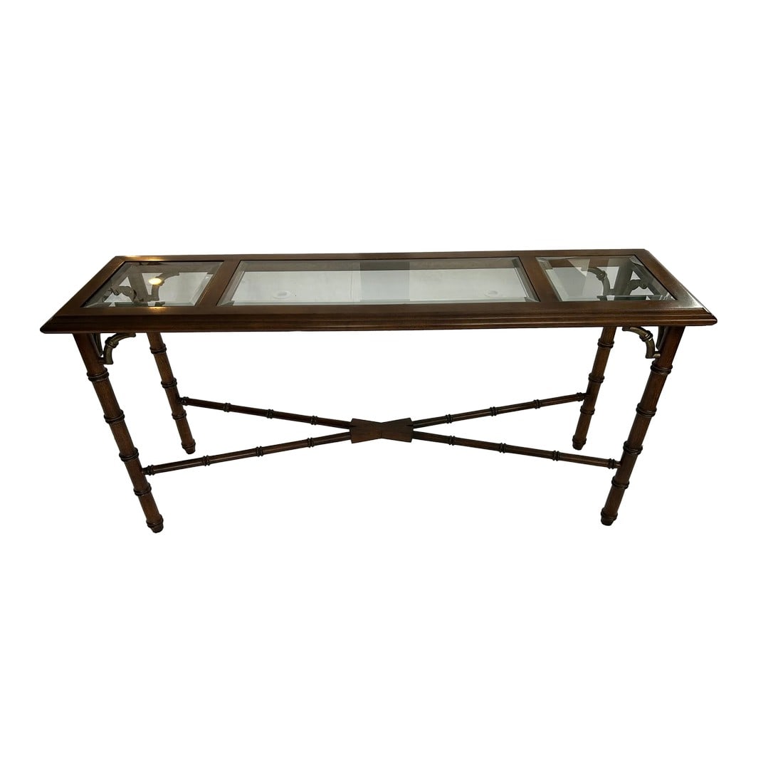 Mid Century Lane Mahogany Faux Bamboo Glass Top Console Table: This delightful all-wood console table by Lane Furniture showcases exquisite faux bamboo detailing, intricate gold highlighted fretwork, and a beveled glass top that adds an elegant touch. Perfectly s