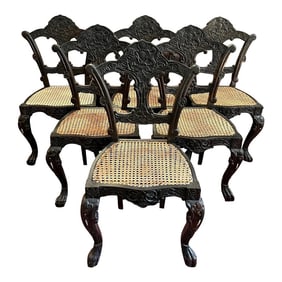 Mid 1800's Anglo-Indian Ebony Carved Chairs- Set of 6