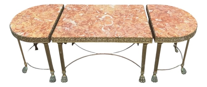 Circa 1940s Maison Jansen Style Tripartite Brass & Marble Table Set/ 3