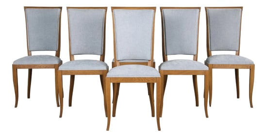 1930s French Art Deco Oak Dining Chairs in Dusty Blue Chenille - Set of 6