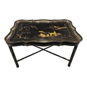Mid-Century Regency Black and Gold Faux Bamboo Serpentine Coffee Table With Removable Chinoiserie Tr