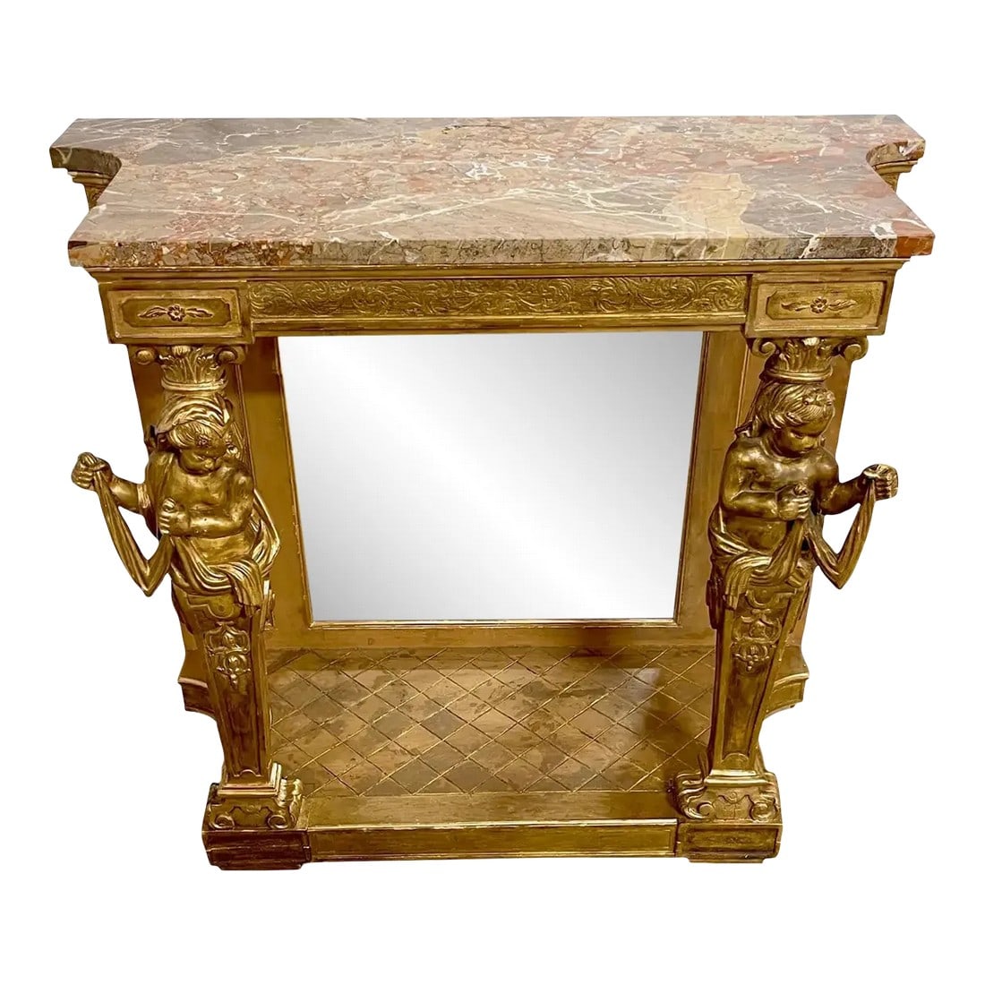 19th Century Italian Neoclassical Breccia Viola Marble & Giltwood Figural Console: Italian Neoclassical Breccia Viola Marble & Giltwood Figural Console Italy, Mid-19th Century Of good size, this is an excellent example of 19th century Neapolitan furniture. The top fitted with a spec
