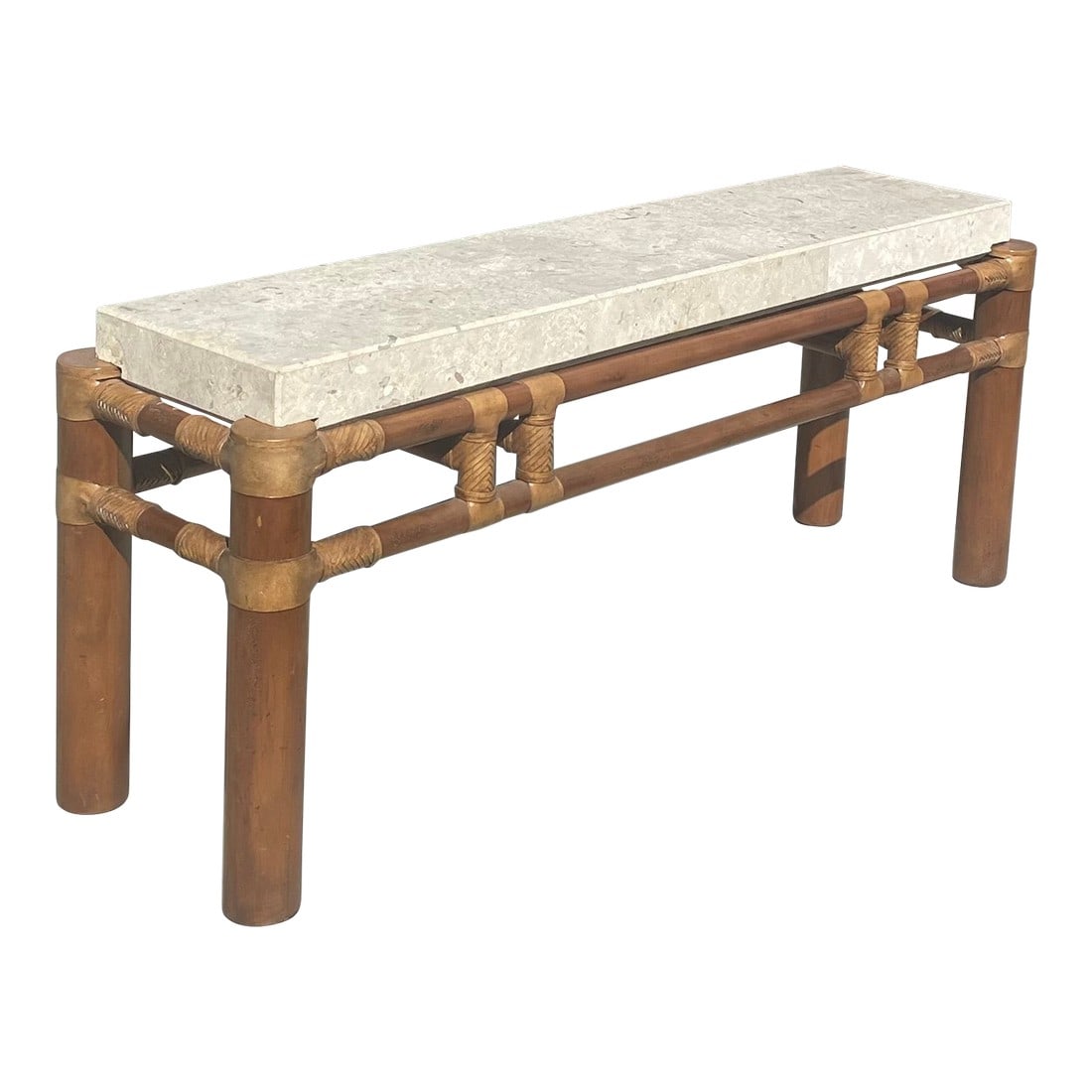 Henredon Bamboo & Mactan Stone Console Table: Designer chic! Statement size console table by Henredon, featuring beautiful biophilic elements. A colossal bamboo base with leather bindings supports a very thick Mactan stone inset top. Mactan stone