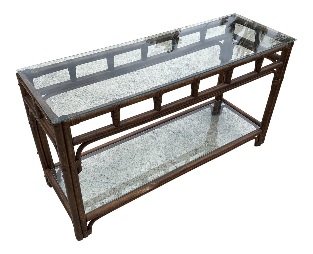Vintage Bamboo Glass Console Table: Gorgeous coffee table with double glass on top and one on bottom. In great condition. Condition: Alterations: Original Condition Unaltered Imperfections: Some Imperfections Condition Notes: In beautif
