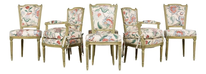 Antique French Louis XVI Painted Green Dining Chairs in Floral Fabric- Set of 6