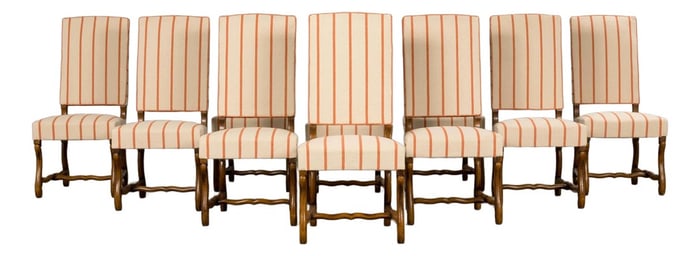 Antique French Louis XIII Style Os De Mouton Oak Dining Chairs in Coral Stripe - Set of 10