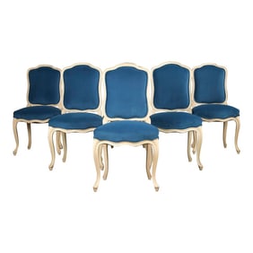 French Louis XV Style Painted Dining Chairs W/ Blue Velvet - Set of 6