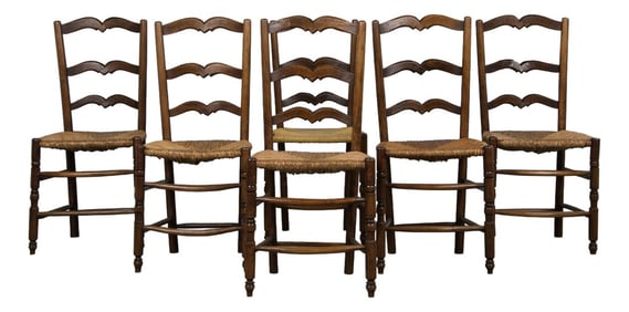 19th Century French Provincial Ladder Back Oak Dining Chairs W/ Rush Seats - Set of 6