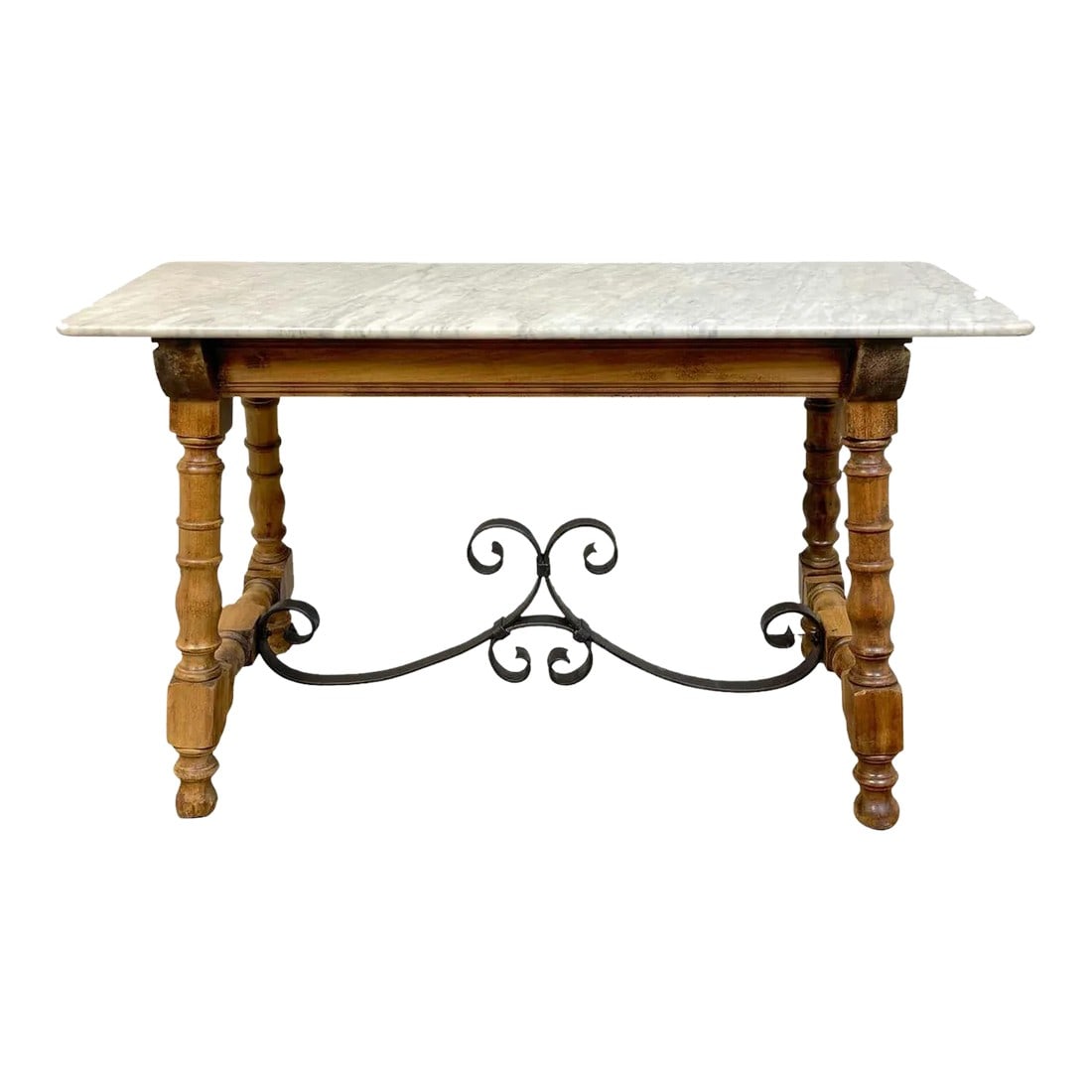 19th Century Country French Marble Top Bleached Pine & Iron Patisserie Console: 19th Century Country French marble top bleached pine & iron patisserie console /table France, Circa 1880s A authentic French work table of rectangular form, with a beautiful patinated specimen Carrera