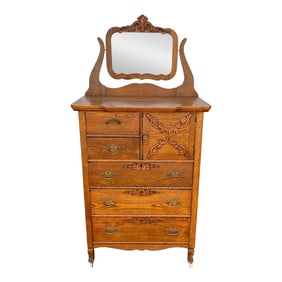 Early American Tiger Oak Tall Chest of Drawers With Mirror